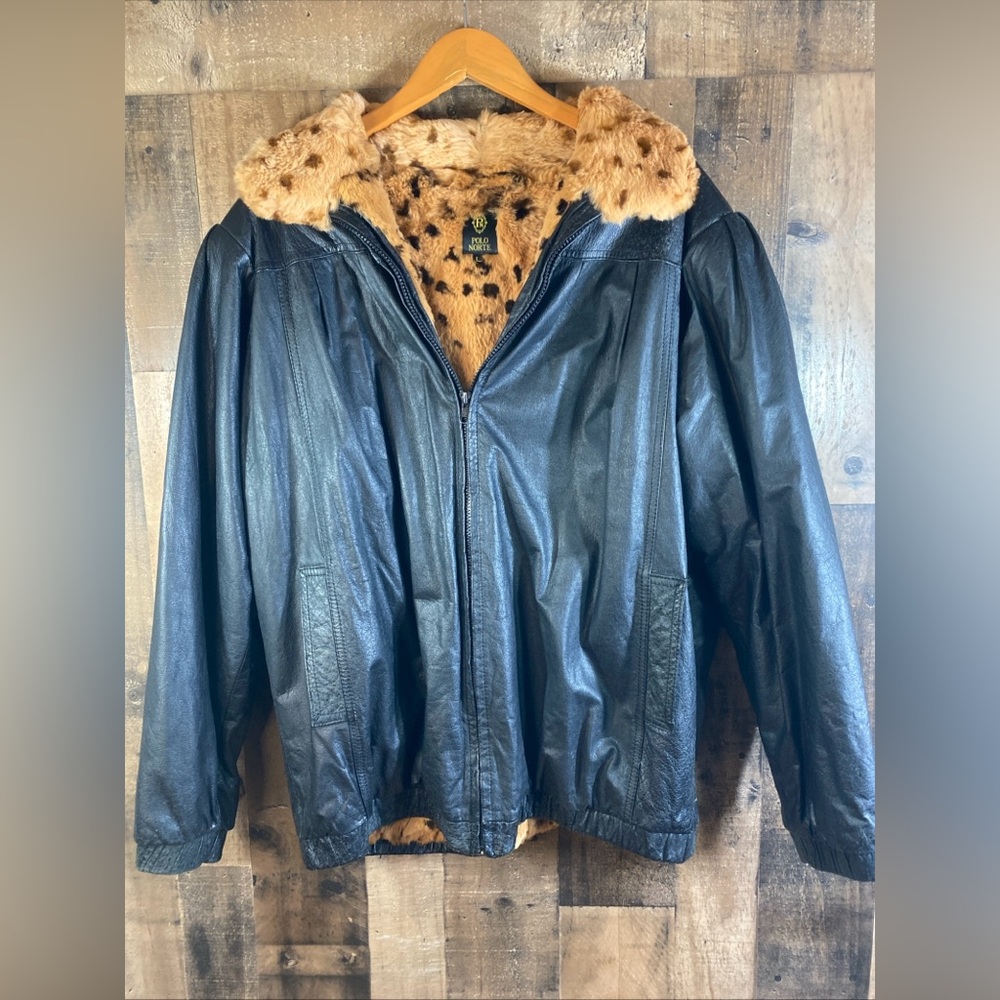 Polo Norte Black Leather Lined Rabbit Fur Coat Vintage Women's Size L Oversized